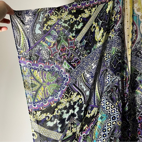 Chico's Vibrant Purple & Yellow Patterned Kimono Top Size L/XL Handkerchief Hem - Picture 6 of 8